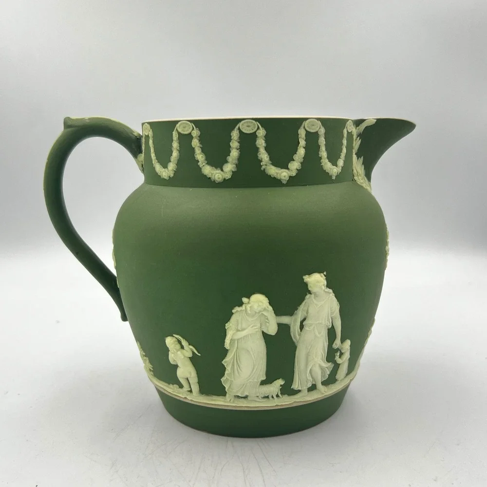 Antique Wedgwood Olive Green Jasper-Dip‎ Pitcher Classical Muses Relief 1800's